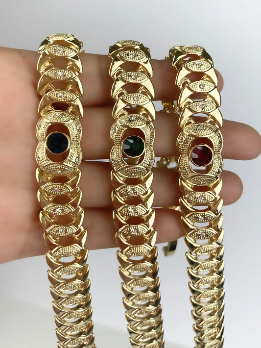 Bracelet Stone Cubic Zirconia. Blue ,Red, or Green Stone, Texturized 18k Gold Filled. Bundle and Save. FREE SHIPPING on orders of $100 and over. Sam's Jewelry World USA.