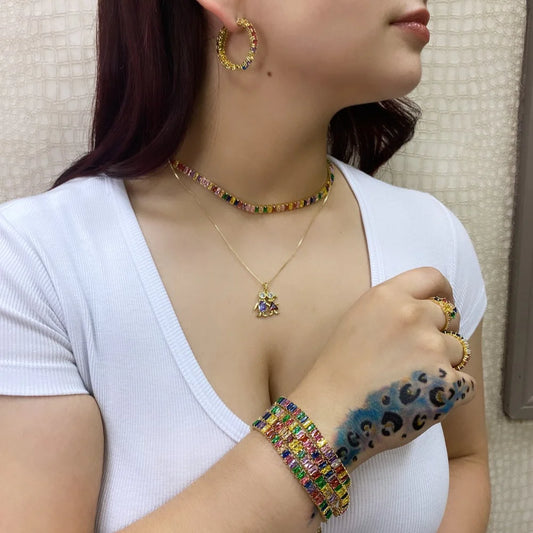 Chain and Pendant Set with Earrings. Box Link or Oval Link, Chain with Kids Pendant in Multi Colored Stones 18k Gold Filled. FREE SHIPPING on orders of $100 and over. Sam's Jewelry World USA.