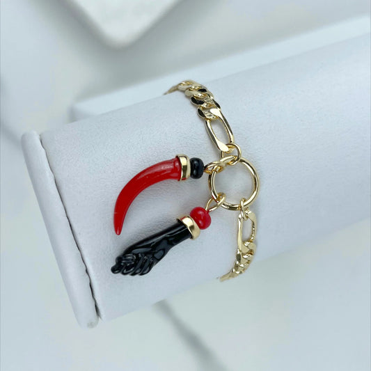 Bracelet Charm Figaro Link Figa Hand & Chilli Charms 18k Gold Filled