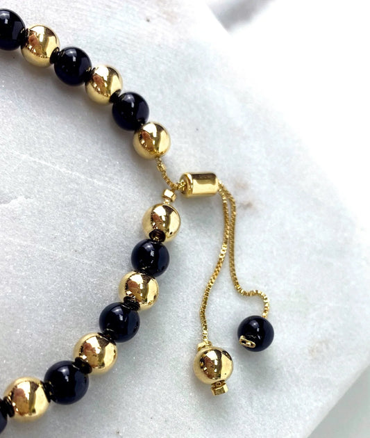 Bracelet Beads Black and Gold Adjustable 18k Gold Filled