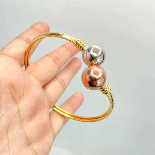 Bangle Yellow Gold White Gold Rose Gold Wrist Cuff with Two Toned Balls 18k Gold Filled
